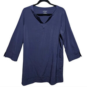 L.L. Bean Solid Blue Women's Reg Shirt Dress V-Neck Roll Tab Sleeves Size Medium